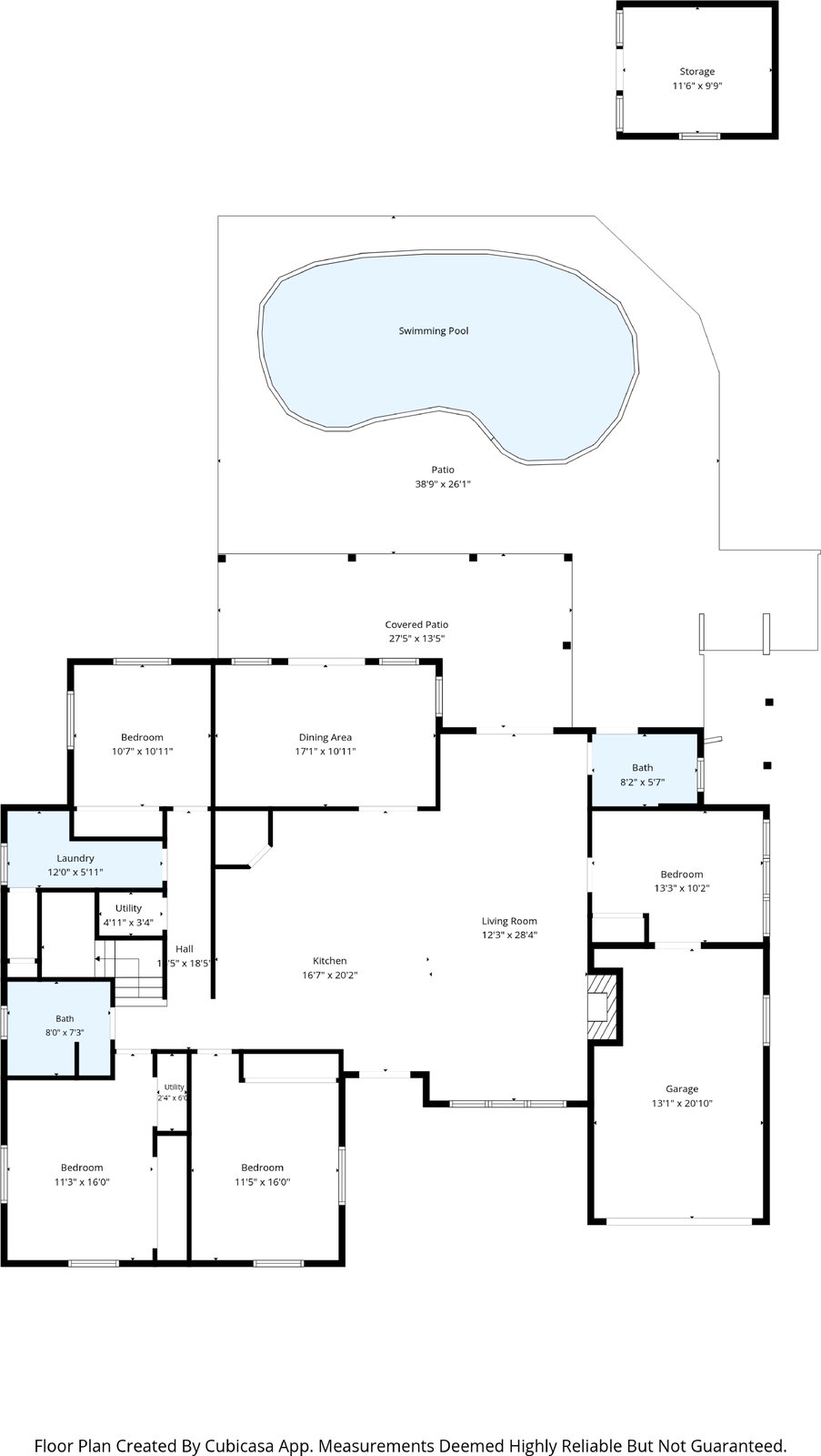 First floor plan with pool, patio and storage shed